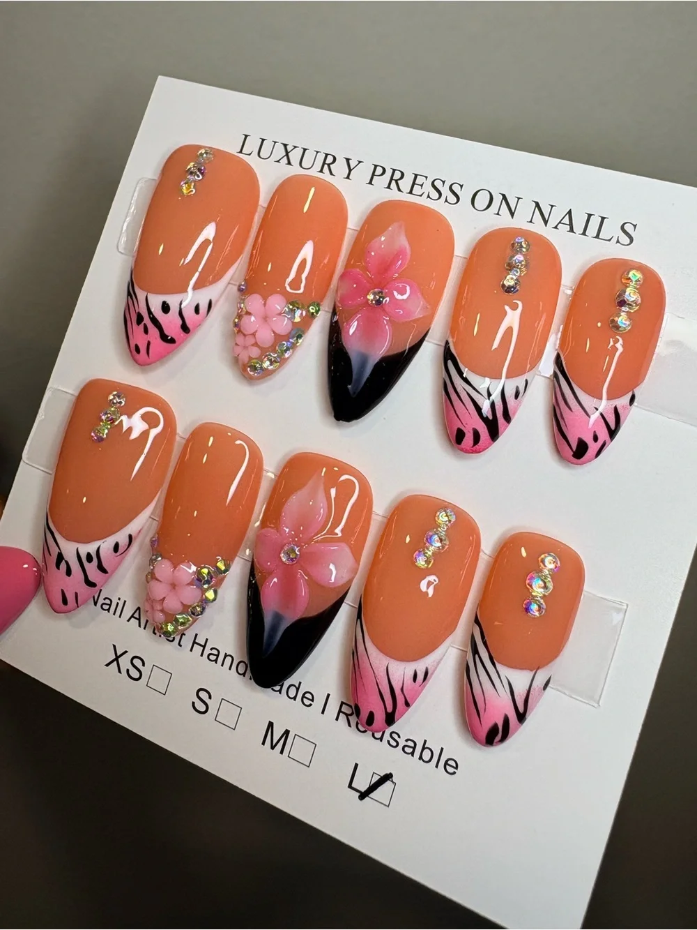 Peach Pink Floral & Zebra Press-On Nails